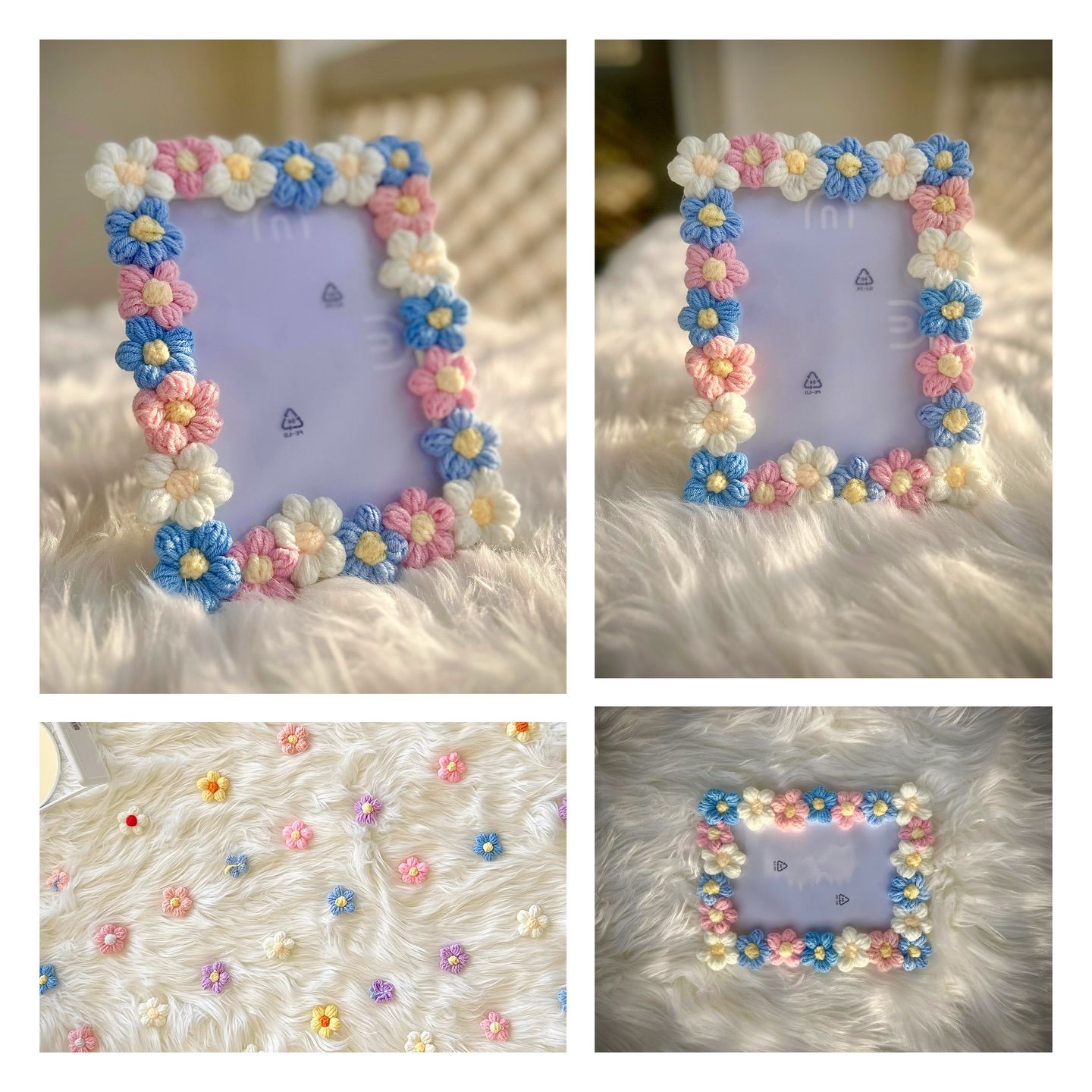 A collage of picture frames decorated with a border of small crochet flowers in pastel colors.