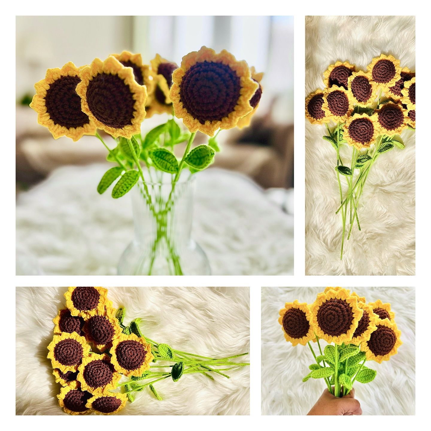A small crochet sunflower charm hanging from a car rear-view mirror.