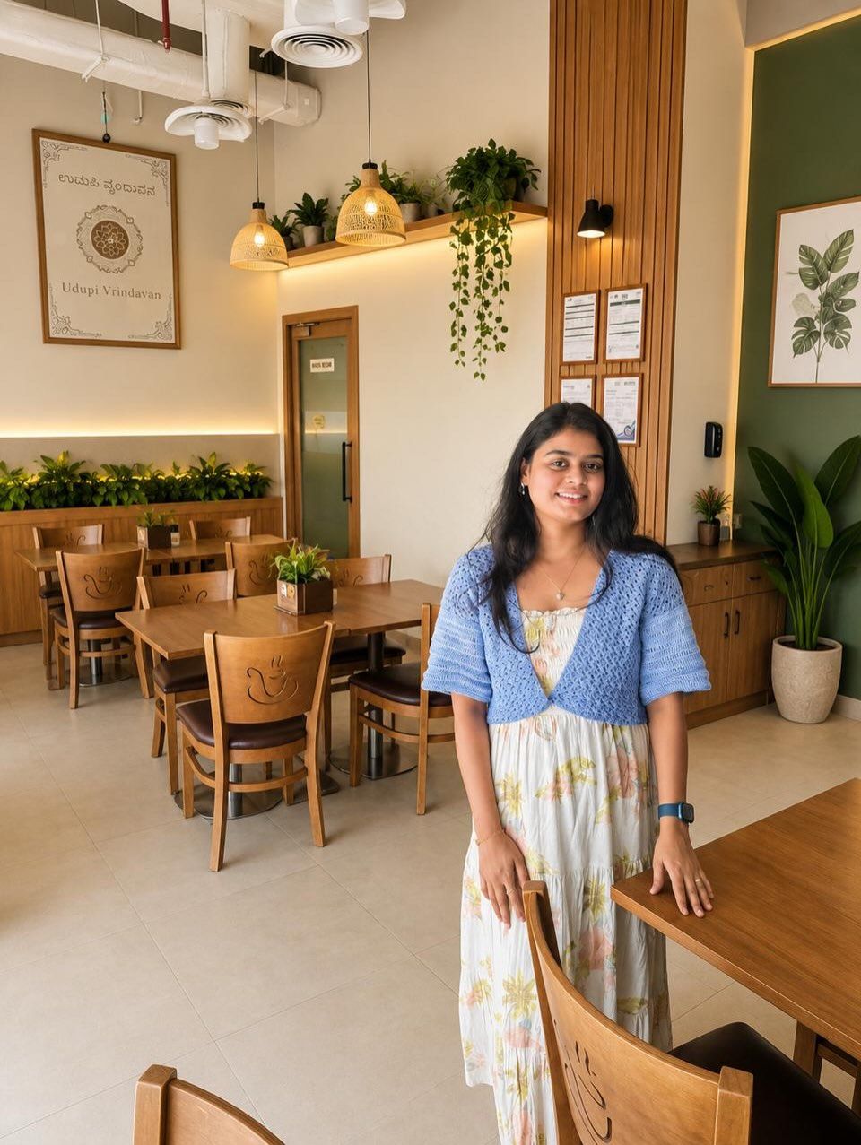 Shilpa smiling, wearing one of her own hand-crocheted cardigans, in a warmly lit café.