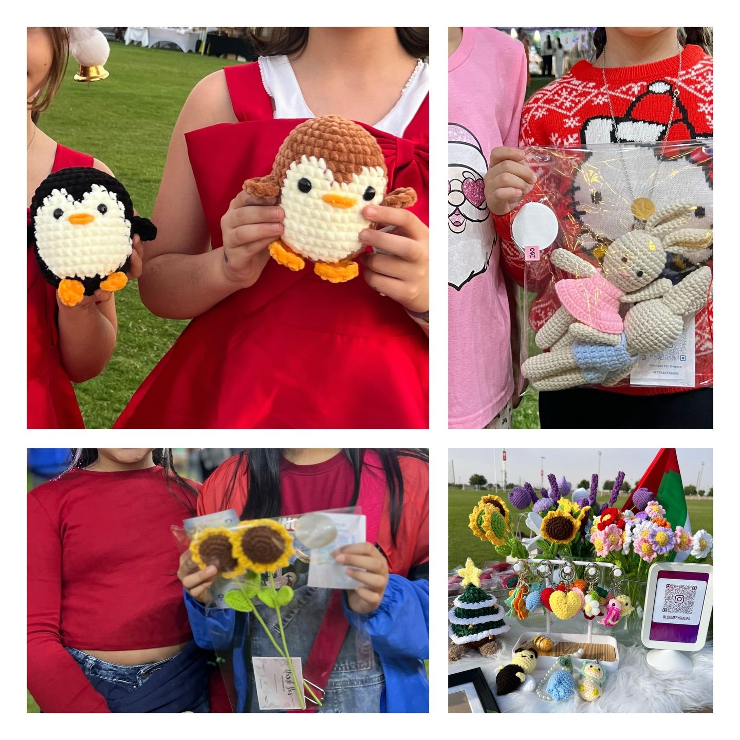 A collage of children holding handmade crochet pieces at an outdoor market stall.